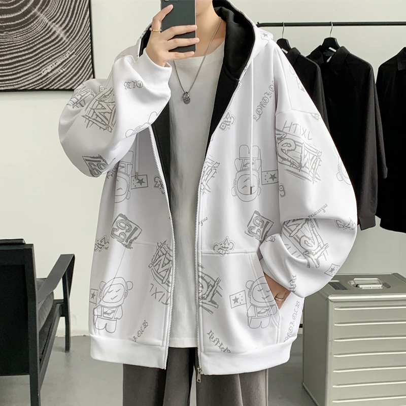 外套男士春秋季时尚印花2023年新款港风潮牌连帽拉链开衫夹克上衣