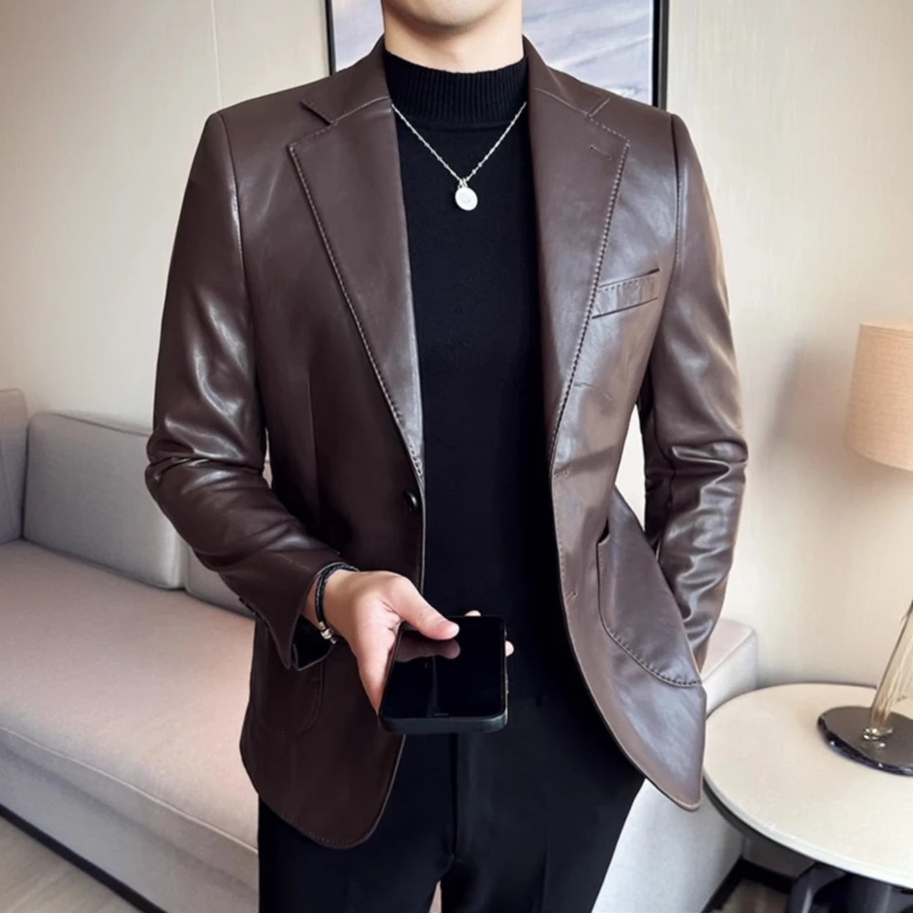 高品质韩版修身仿真皮衣商务休闲皮西服2025新款英伦风小西装外套