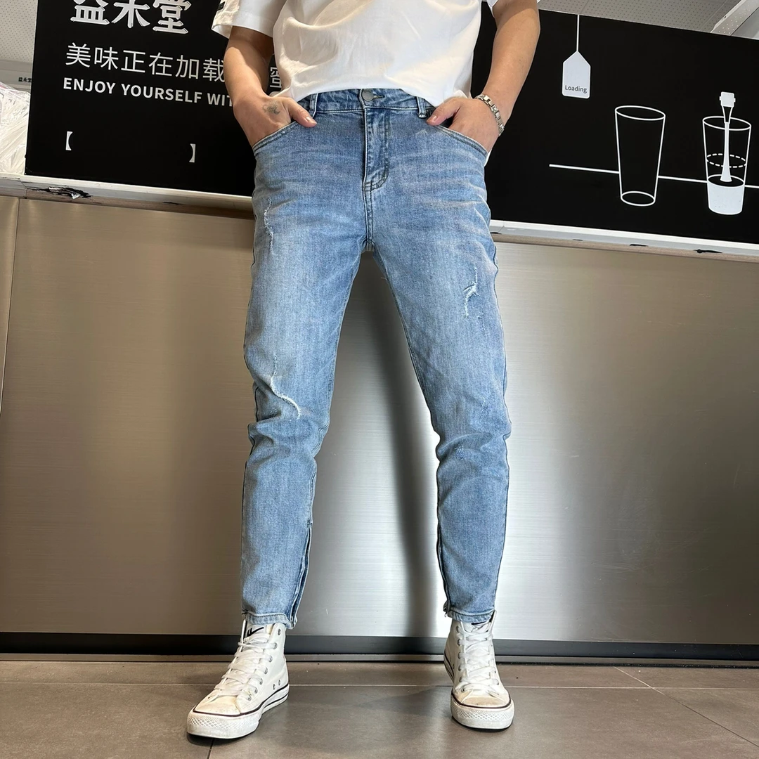 男士春夏新款休闲百搭裤脚拉链浅蓝色水洗弹力修身小脚九分牛仔裤
