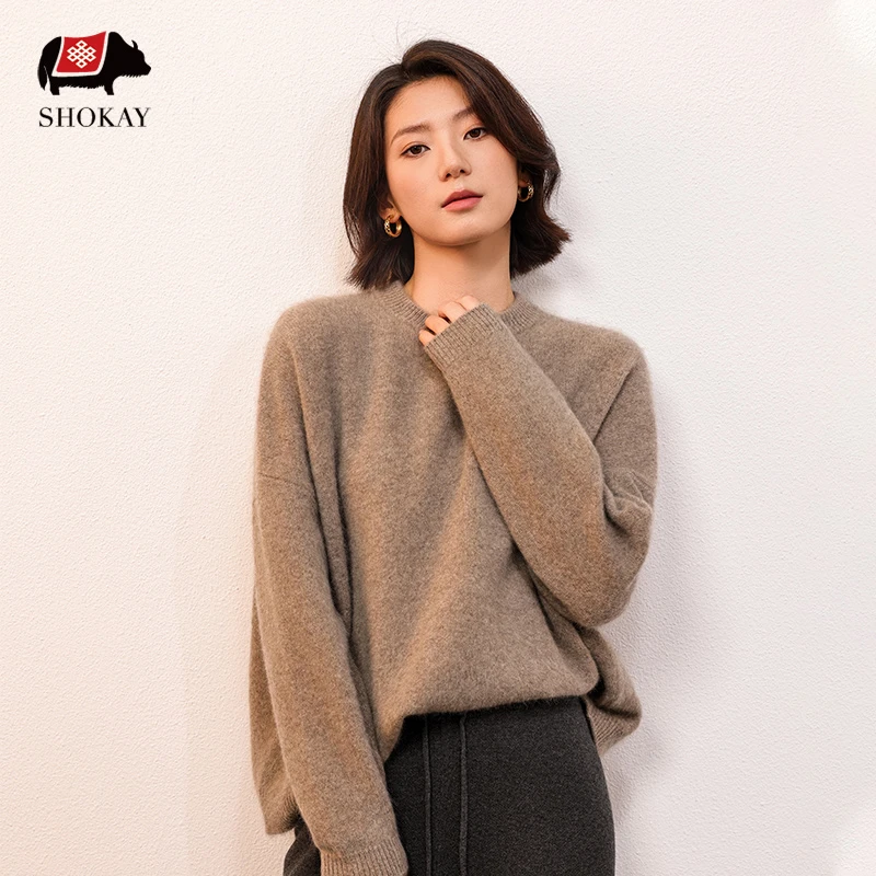 SHOKAY【董生活同款】云绒高质感拉绒100%牦牛绒原色廓形圆领毛衣