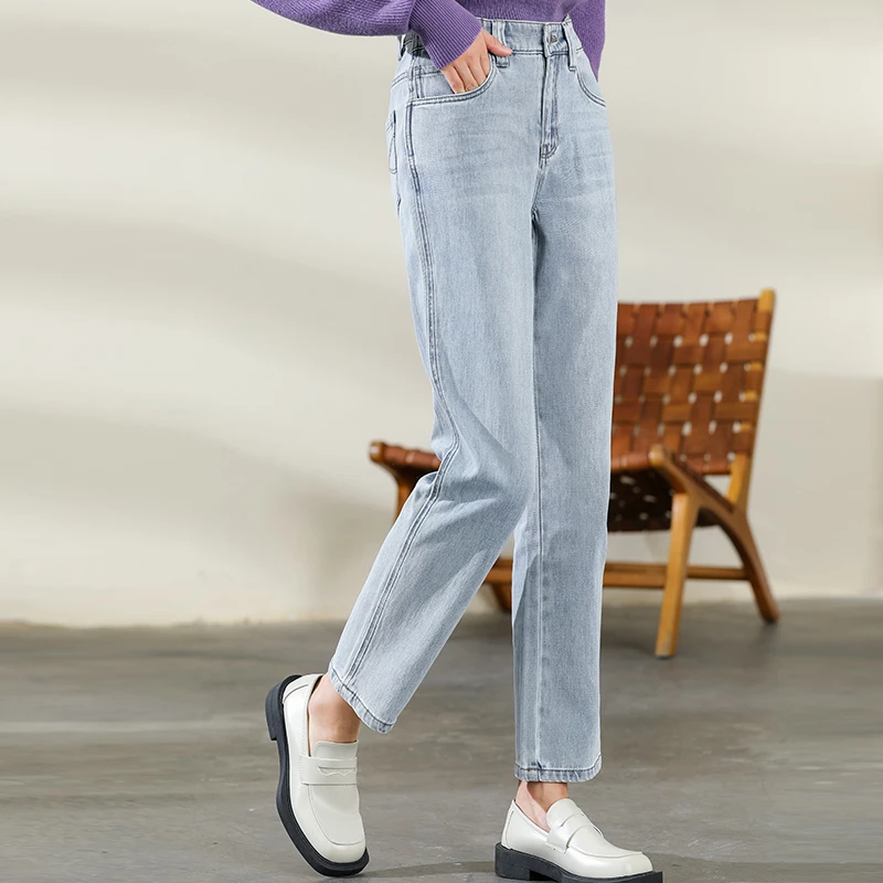 SHOKAY绣嘉再生棉牛仔裤不规则微胖女生裤子直筒显瘦时尚休闲长裤