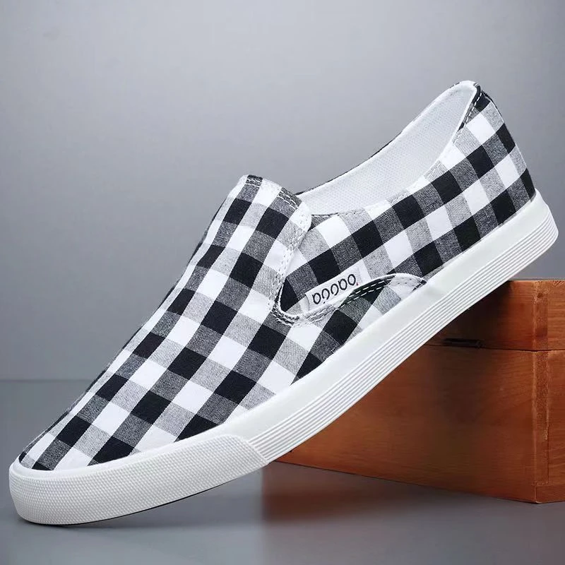 男士春季软底春夏透气百搭时尚格子低帮潮鞋休闲板鞋一脚蹬帆布鞋