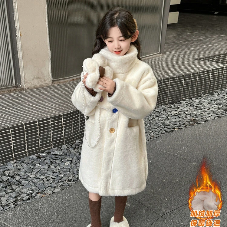 女童加厚保暖外套秋冬季新款女孩中大童中长款大衣儿童彩扣毛毛衣