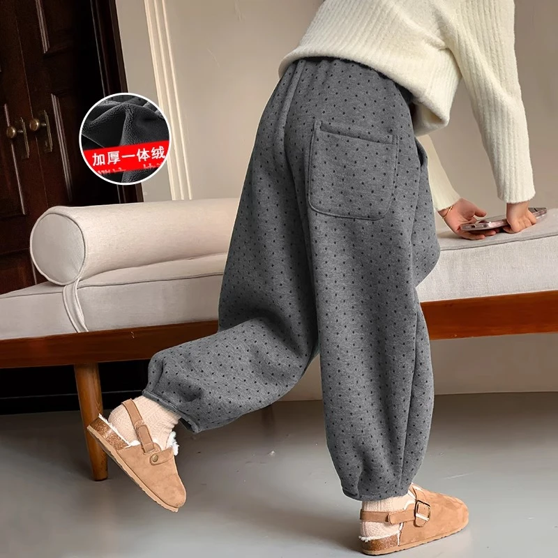 女童加绒裤子2024新款冬装儿童装一体绒运动裤加厚棉裤冬季休闲裤