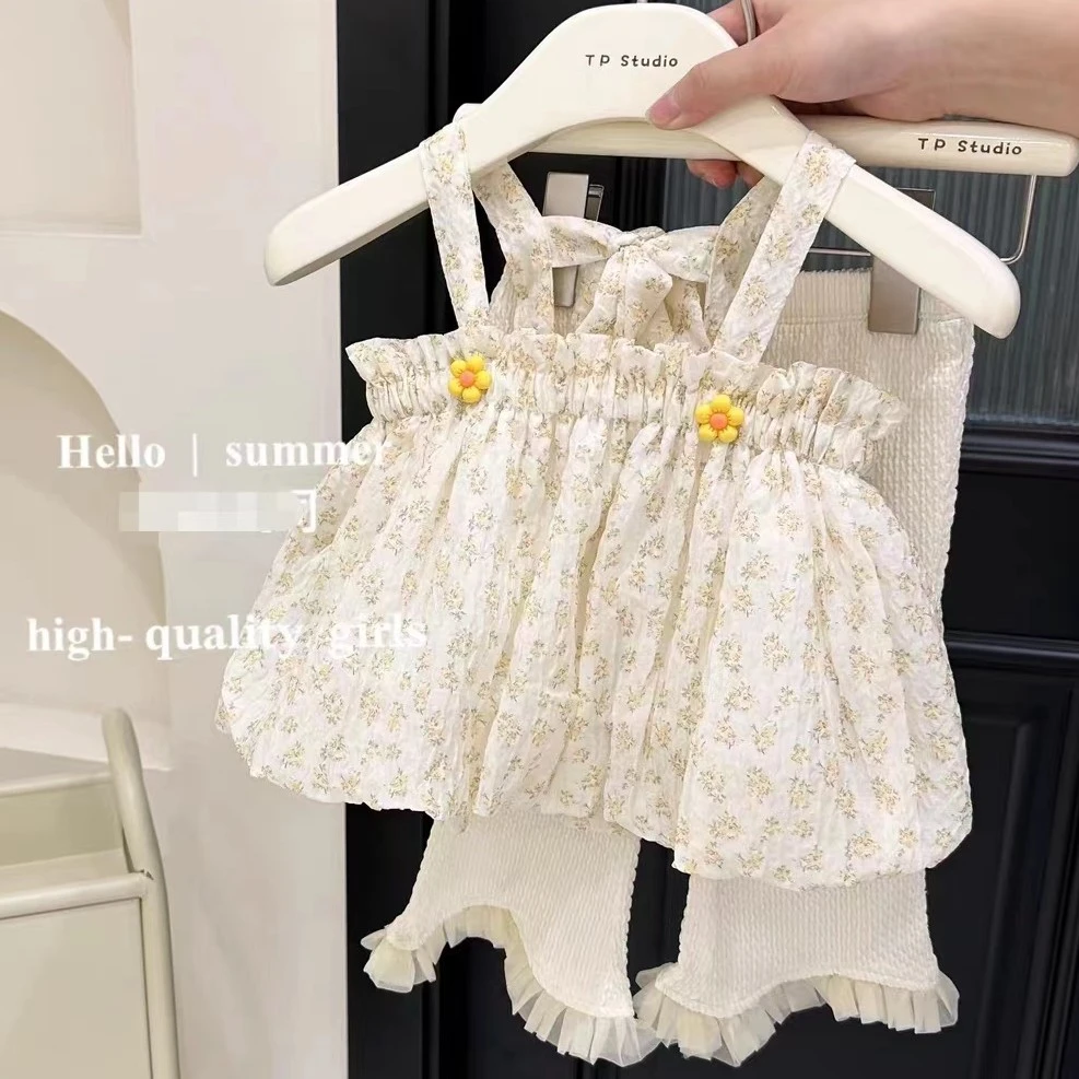 女童碎花夏款清凉吊带2025夏季新款韩版超仙洋气甜美吊带上衣套装