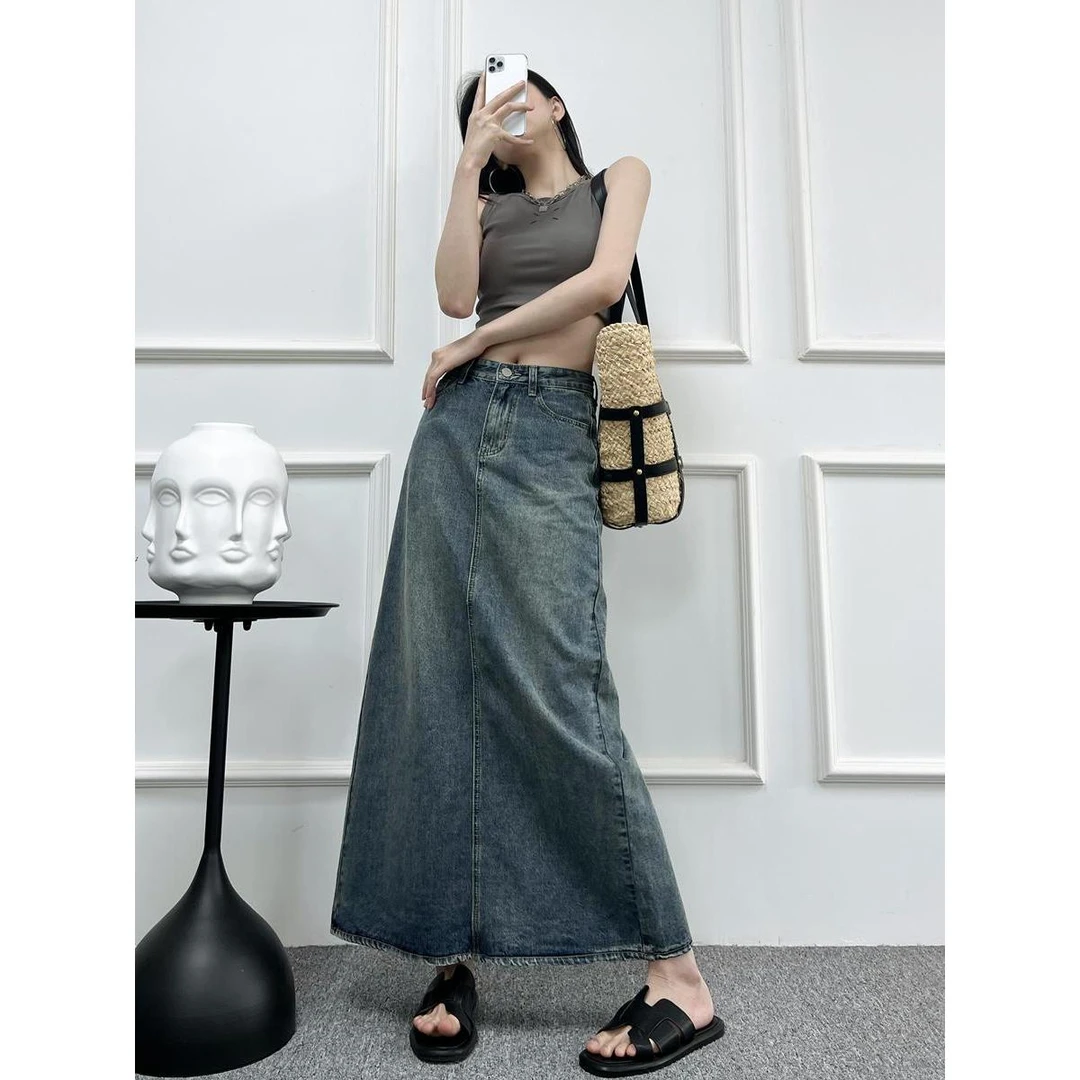 加长款高个子拼接牛仔裙女秋季开叉半身裙175宽松A字宽松设计感