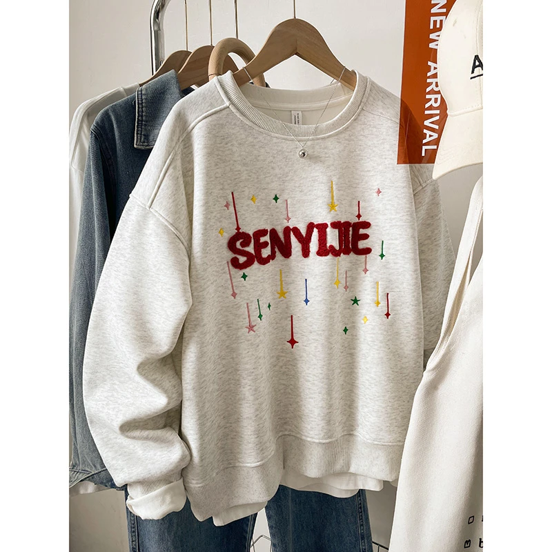 2025新款秋冬加厚加绒刺绣卫衣女韩版大码宽松显瘦爆款外套上衣服