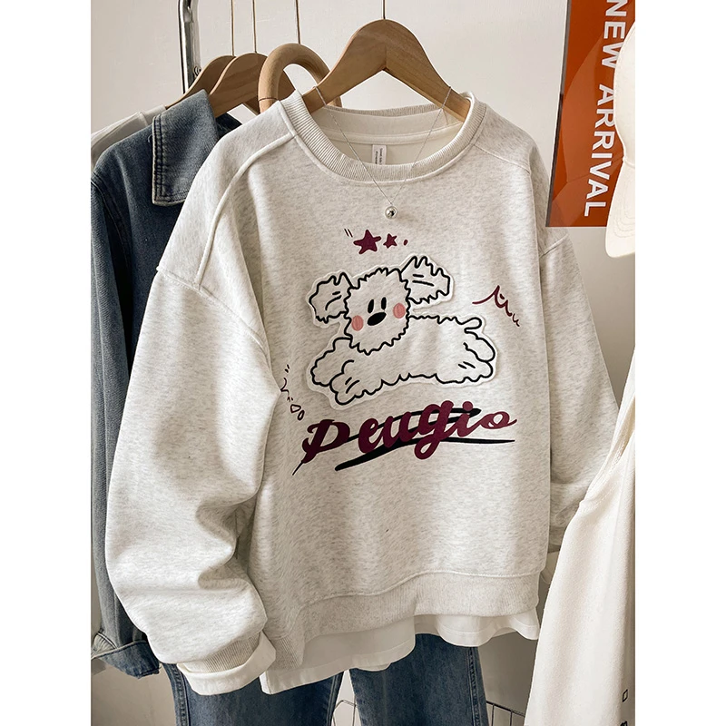 青岛即墨2025新款韩版贴布绣卫衣女秋冬大码宽松胖mm加绒上衣