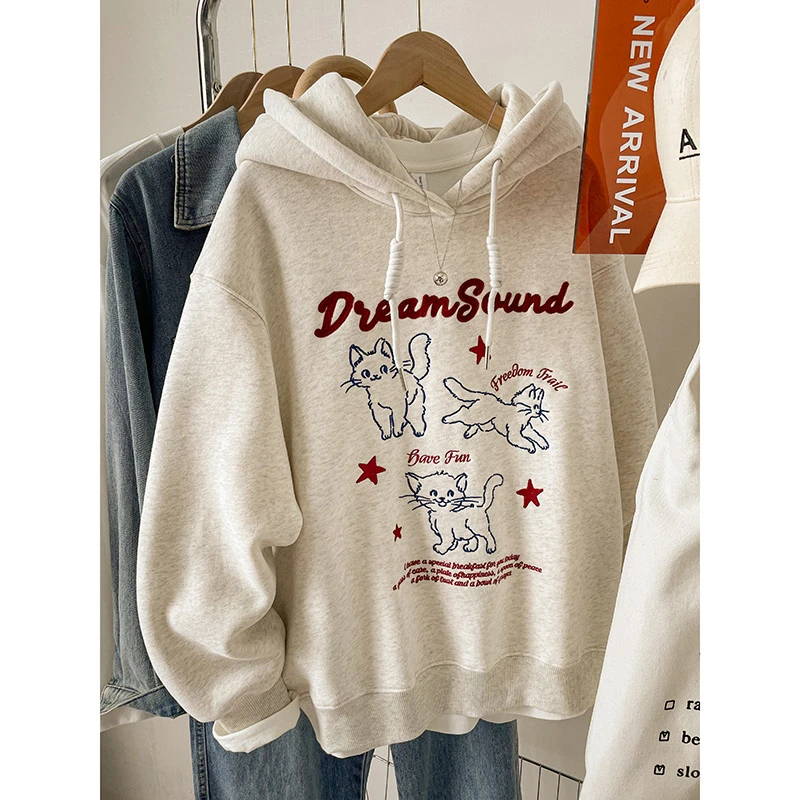 美式宽松胖MM字母猫咪刺绣卫衣女2025新款秋冬百搭爆款连帽上衣服