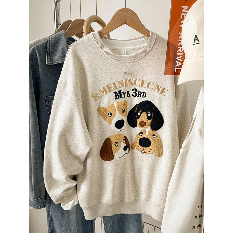美式复古爆款狗狗字母刺绣卫衣女2025新款宽松休闲胖mm圆领上衣女