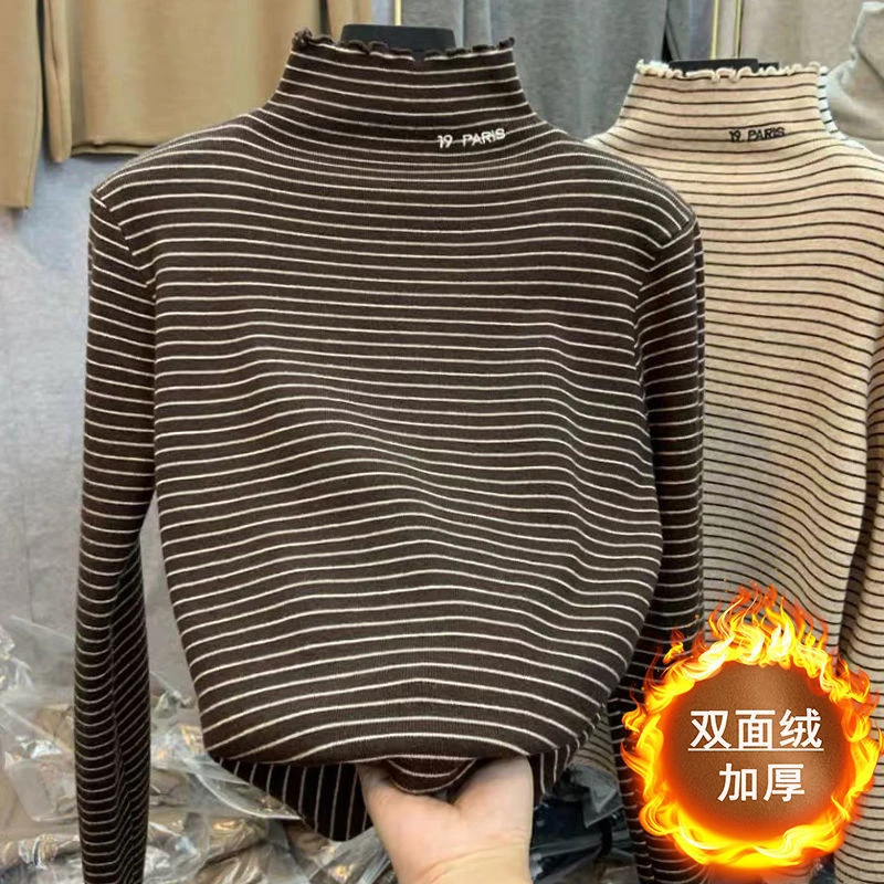 加绒加厚双面德绒半高领打底衫女秋冬内搭修身显瘦长袖条纹上衣服