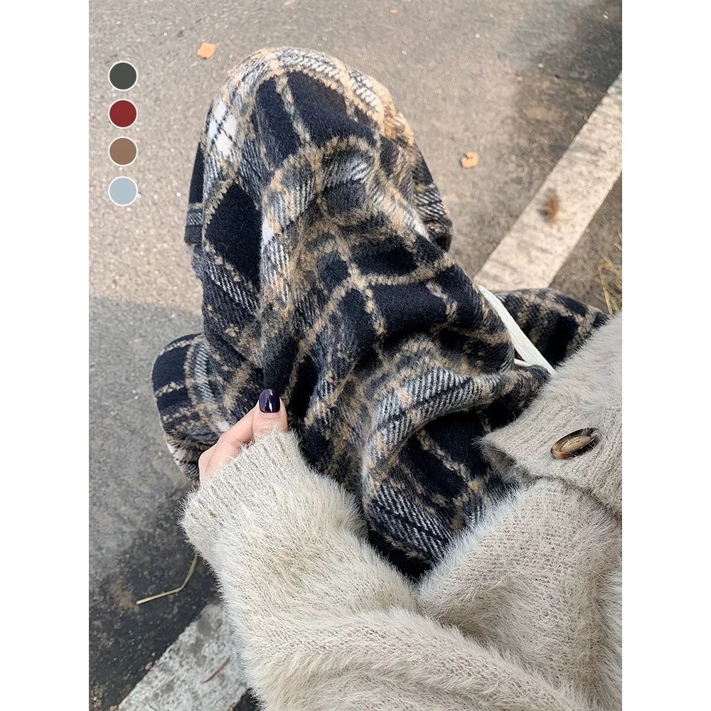 藏青色加绒格子裤子女秋冬2025新款高腰垂感阔腿裤休闲春秋毛呢裤