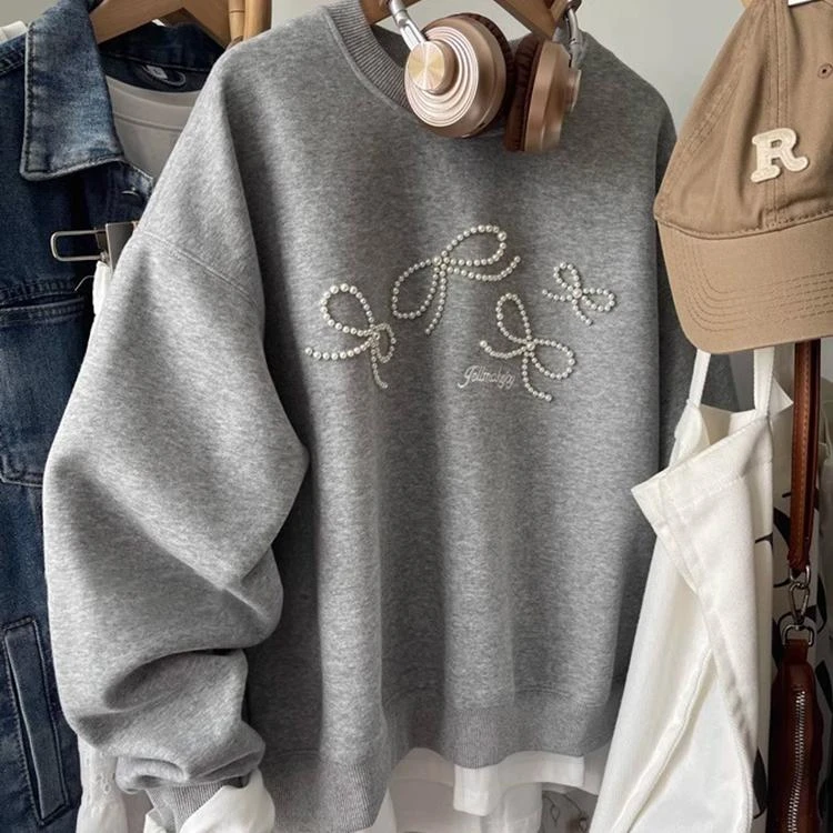 钉珠蝴蝶结卫衣女2025秋冬新款外套设计感小众大码宽松胖mm上