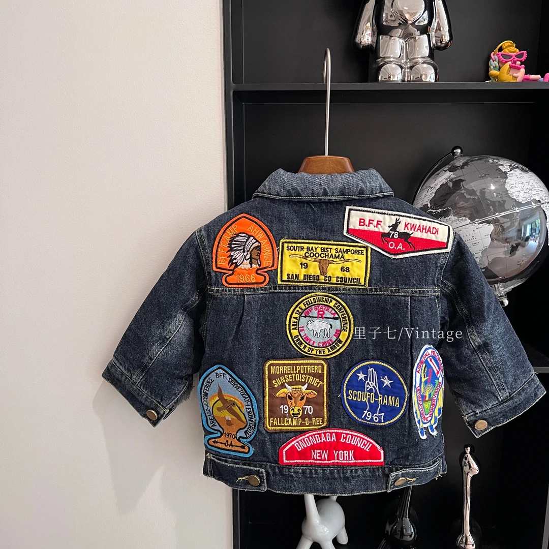 日系冬款童装DD儿童徽章牛仔外套加绒加厚牛仔棉服23778