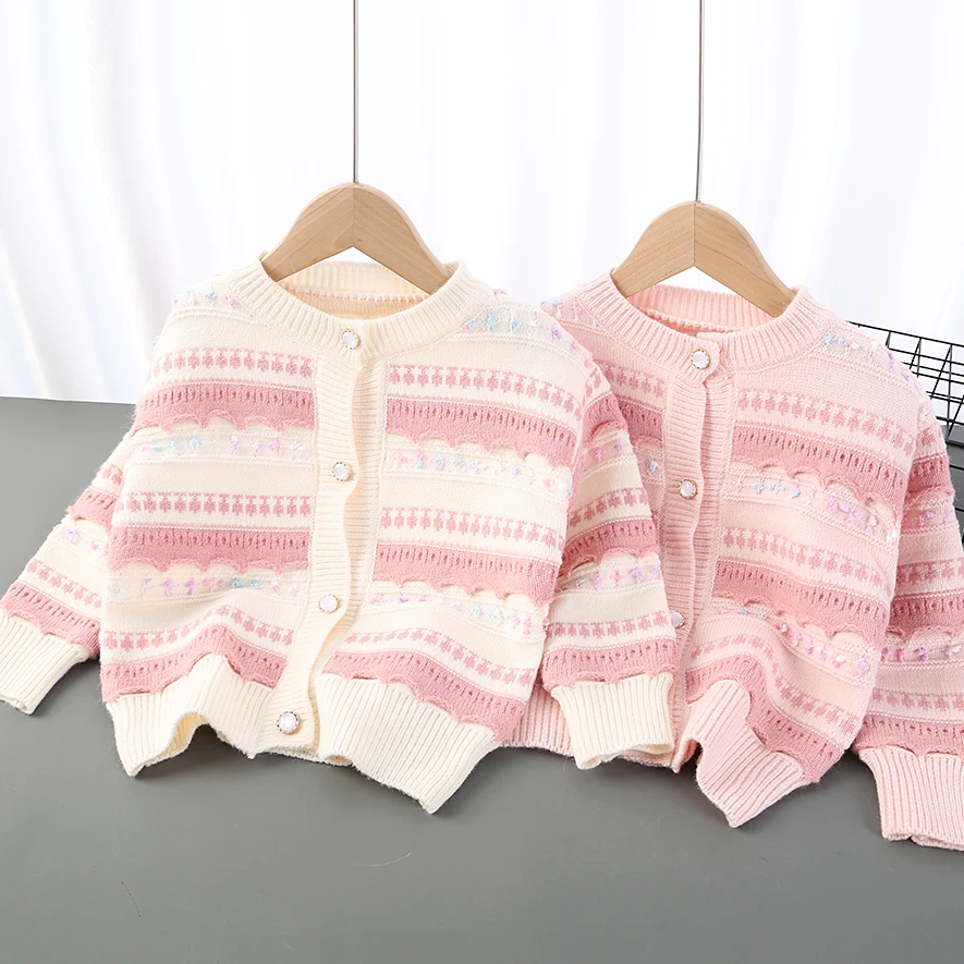 女童2024秋冬新款针织开衫儿童洋气条纹外套长袖女宝百搭毛衣