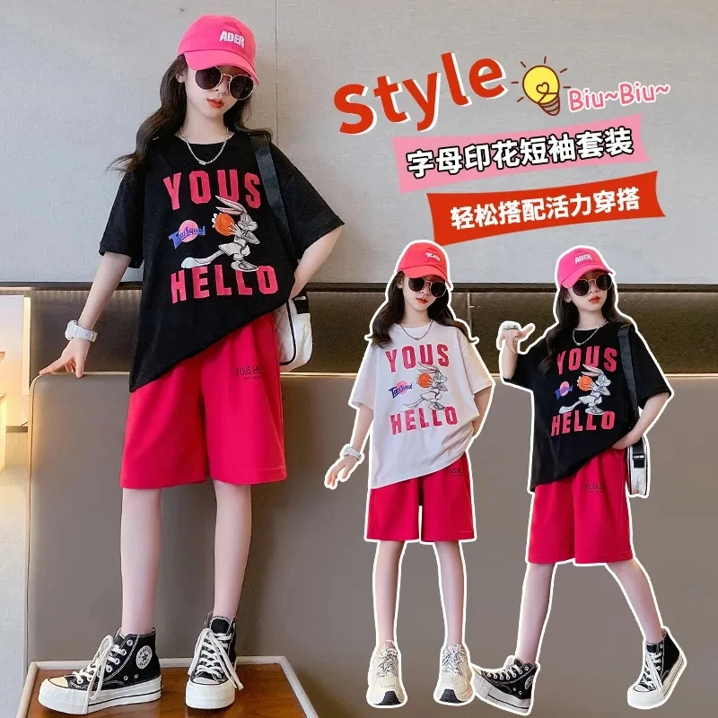 女童衣服运动套装新款时髦儿童休闲纯棉夏装中大童短袖短裤两件套