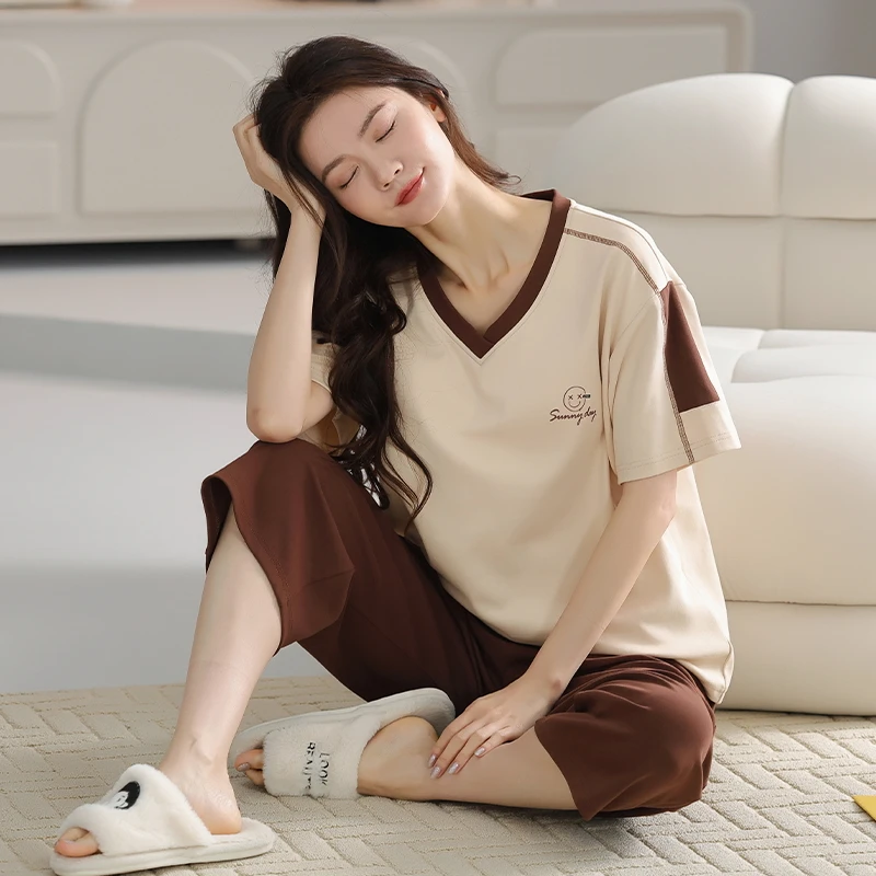 夏季女士高品质纯棉睡衣家居服套装短袖七分裤柔软亲肤休闲可外穿