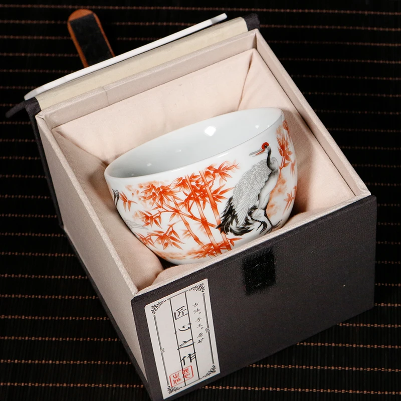 云中仙鹤杯，矾红卧足杯高级主人杯茶具茶杯盒装高档品茗杯