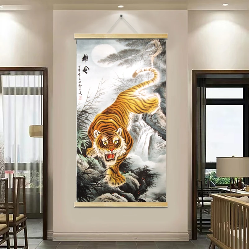 老虎清晰木轴布艺挂画实木挂画卷轴山水清新家居装饰画高品质
