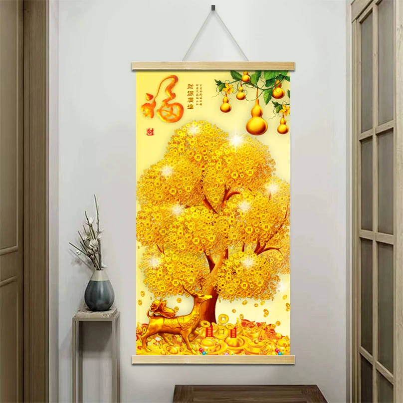 摆件客厅装饰品玄关装饰画发财树家居饰品挂画卷轴实木挂轴