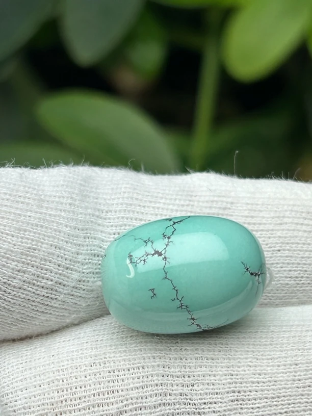 （地大证书）湖北天然原矿绿松石水草纹枣珠锁骨珠直径13*18.5