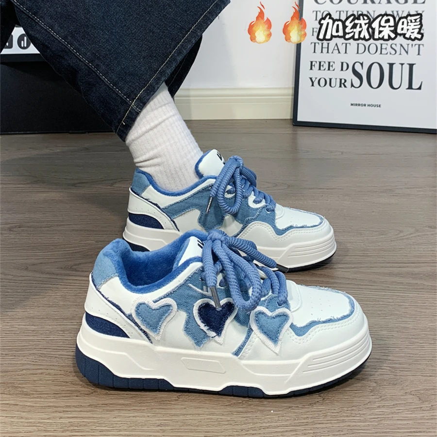 Warrior/回力牛仔蓝板鞋休闲女鞋新款加绒保暖女小白鞋子女款百搭