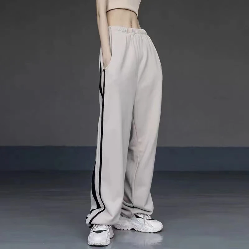 《大静定制》条纹运动裤春秋季新款宽松束脚休闲卫裤直筒高腰阔腿裤