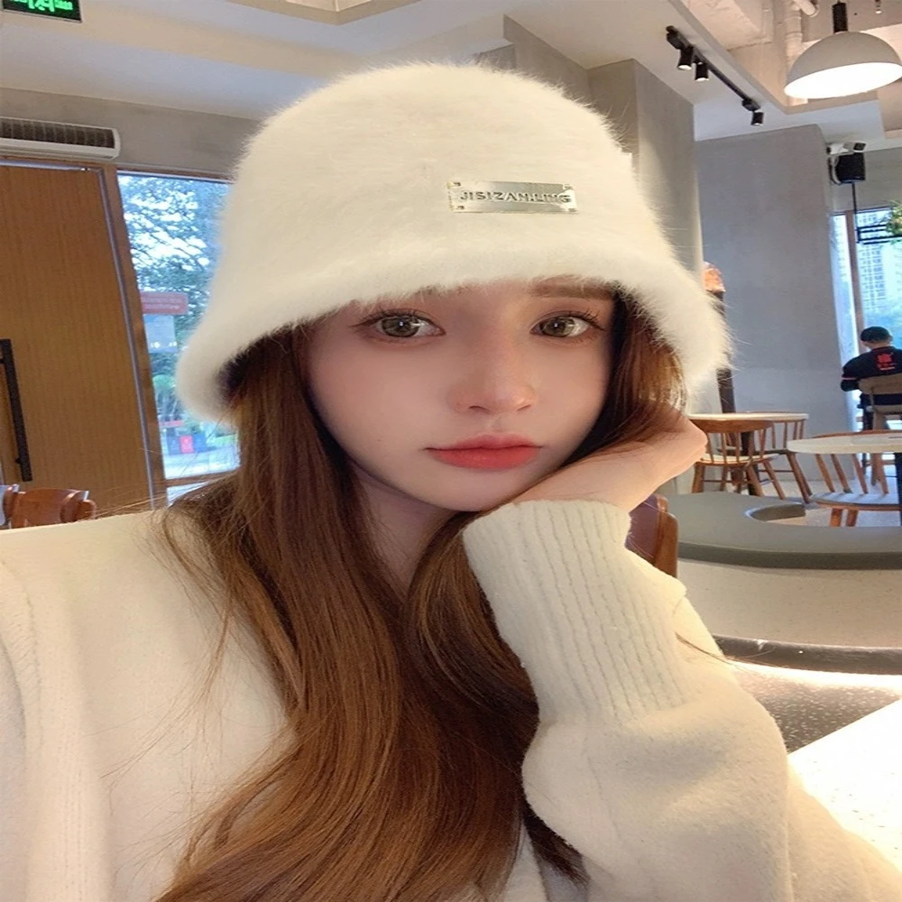 真兔毛白色毛绒帽子女秋冬季保暖显脸小护耳毛线帽皮草网红包头帽