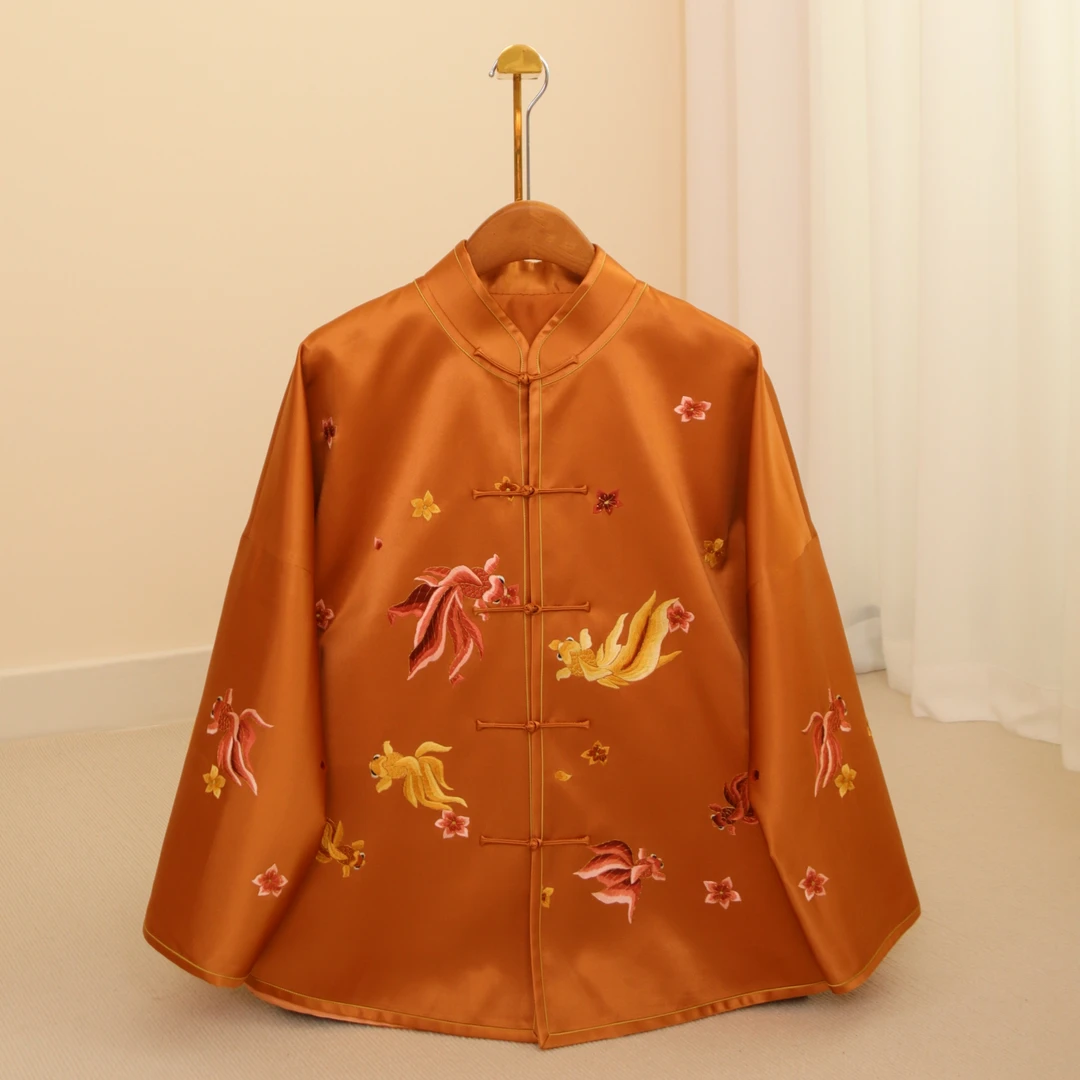 国潮风新中式非遗纯手工刺绣金鱼桃花图真丝上衣