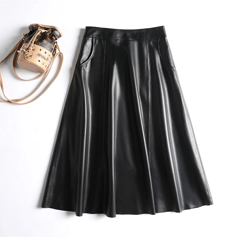 2025新款秋冬真皮皮裙女长裙A字高腰伞裙显瘦时尚气质半身裙
