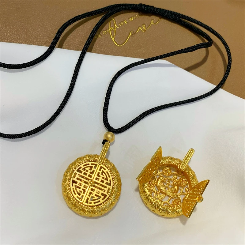 铜合金布艺项链 开窗见喜鹊项链女款圆形首饰国潮黑绳子饰品3033