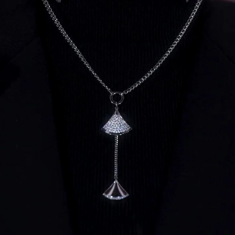 钛钢合成锆石吊坠 小扇子流苏毛衣链长款气质项链网红配饰品3016