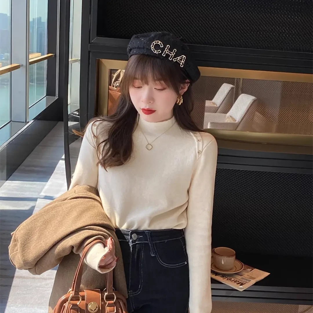 加绒毛衣打底衫女秋冬2024新款洋气内搭设计感小众加厚一体绒上衣