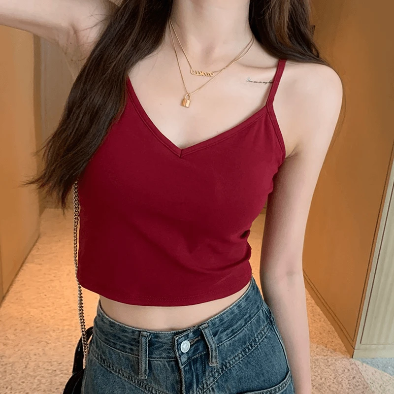 红色美背吊带文胸一体背心女夏外穿带胸垫2025新款内搭短款上衣