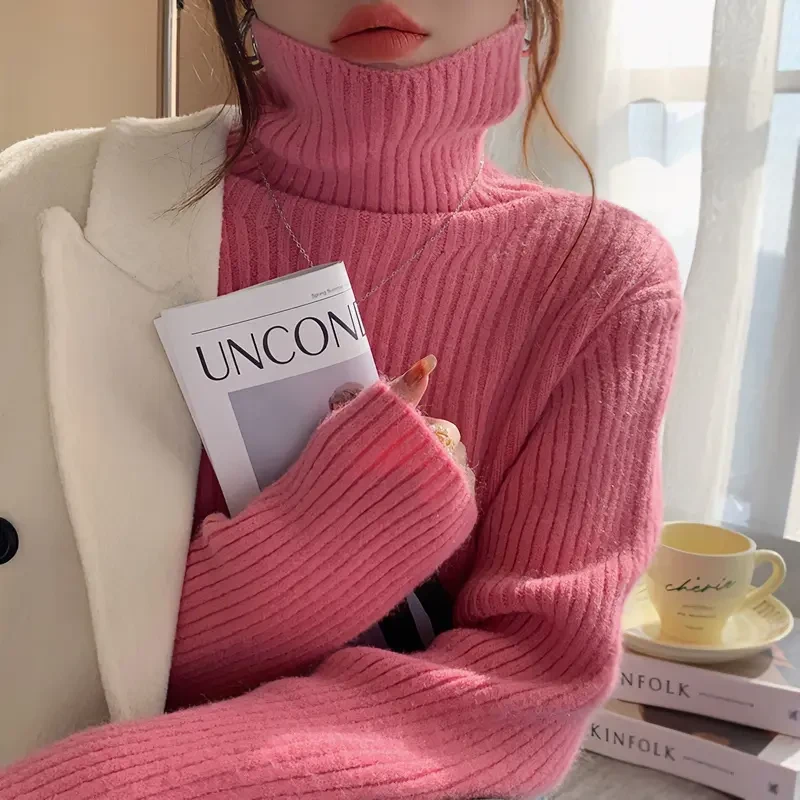高领毛衣女秋冬加厚2024新款爆款粉色内搭打底衫堆堆领针织衫上衣