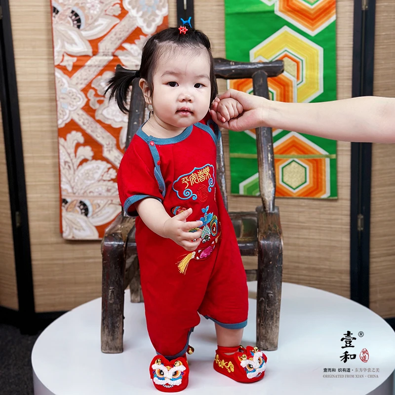 壹和织道丨红色国潮婴儿满月爬服连体衣宝宝百年周岁中国风连体衣
