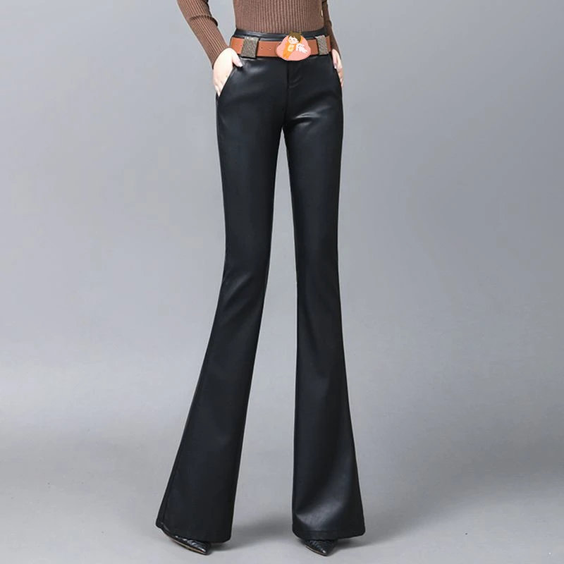 皮裤女真皮弹力微喇叭裤保暖加绒高腰显瘦时尚百搭秋冬外穿休闲裤