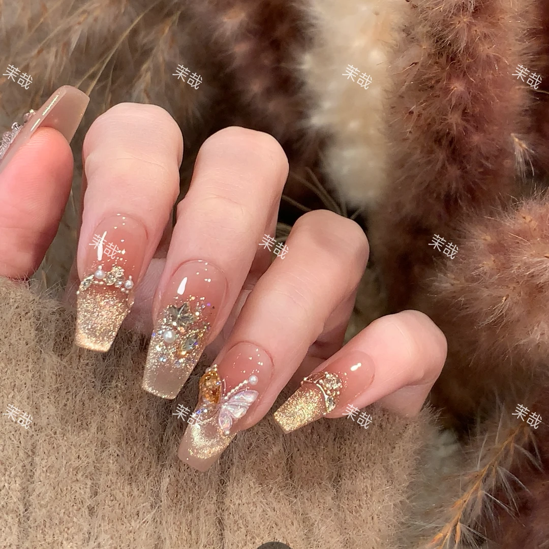 茉哉现货【烫金蝴蝶】纯手工定制美甲拆卸穿戴甲A3257