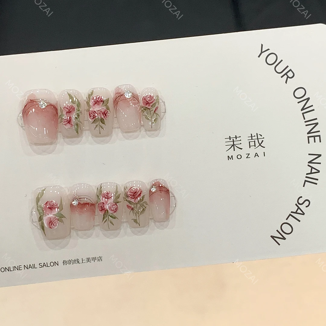 茉哉高定【水彩手绘/钟楼玫瑰】孤纯手工定制美甲穿戴甲F0053