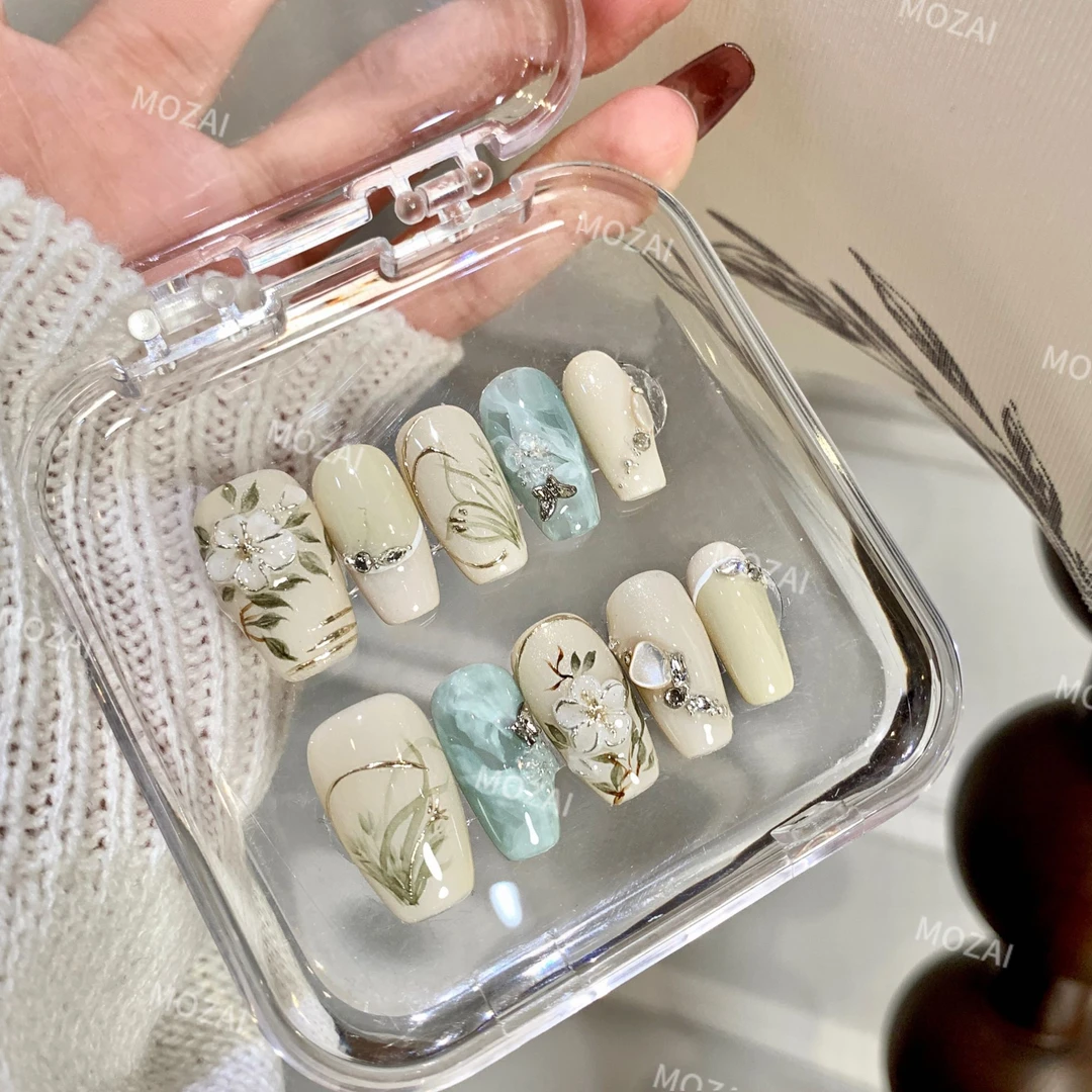 茉哉KK高定【水彩手绘/淡色椿烟】纯手工定制美甲穿戴甲F0058