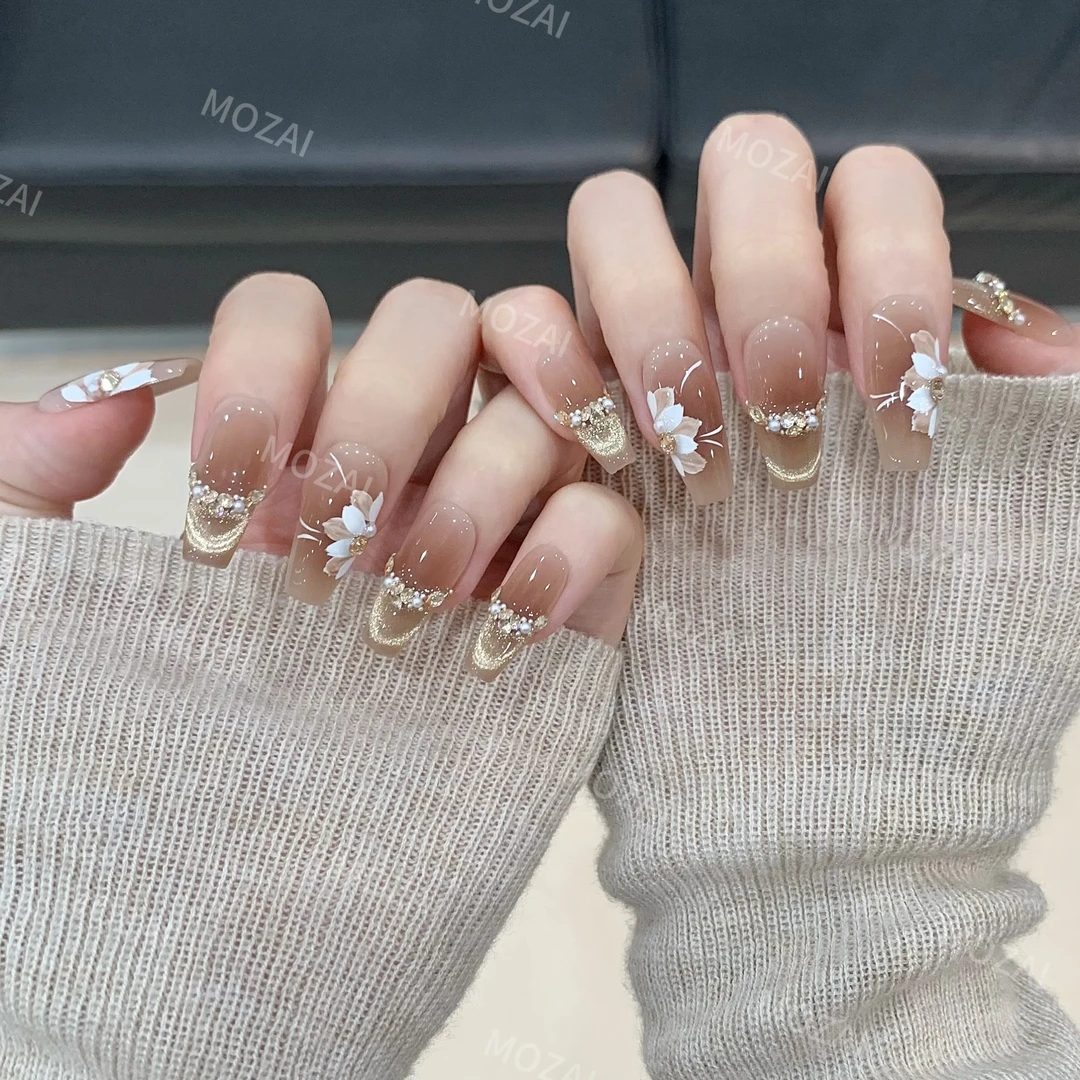 茉哉现货【花落金池】纯手工定制美甲拆卸穿戴甲A3194