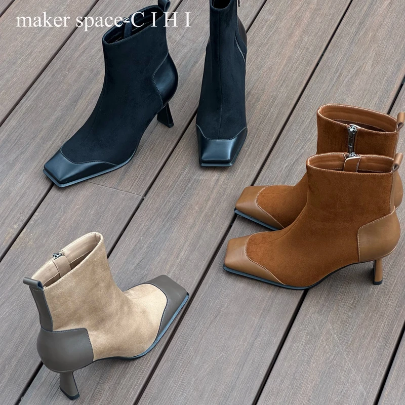 Cihi設計'makerspace'-646【索玛】小眾复古拼接方头侧拉链高跟短靴