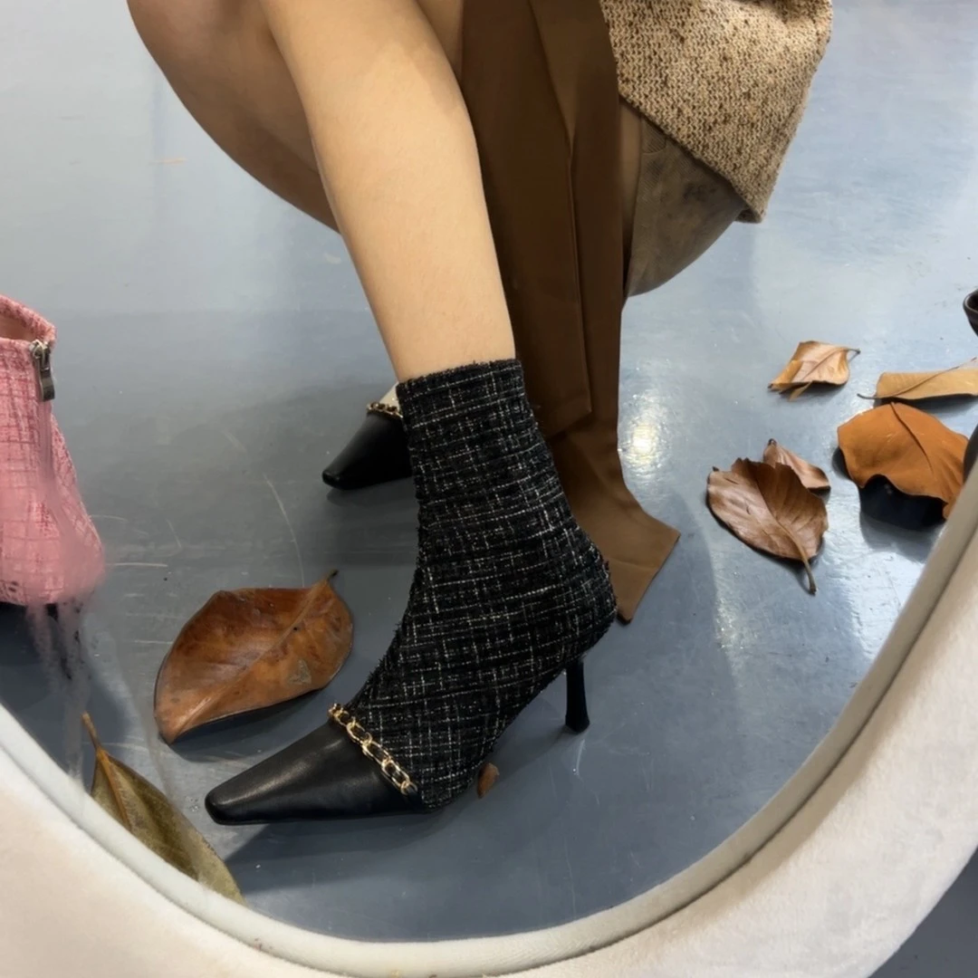 Cihi3-164小香风高跟马丁靴女鞋子2023新款网红爆款尖头瘦瘦短靴