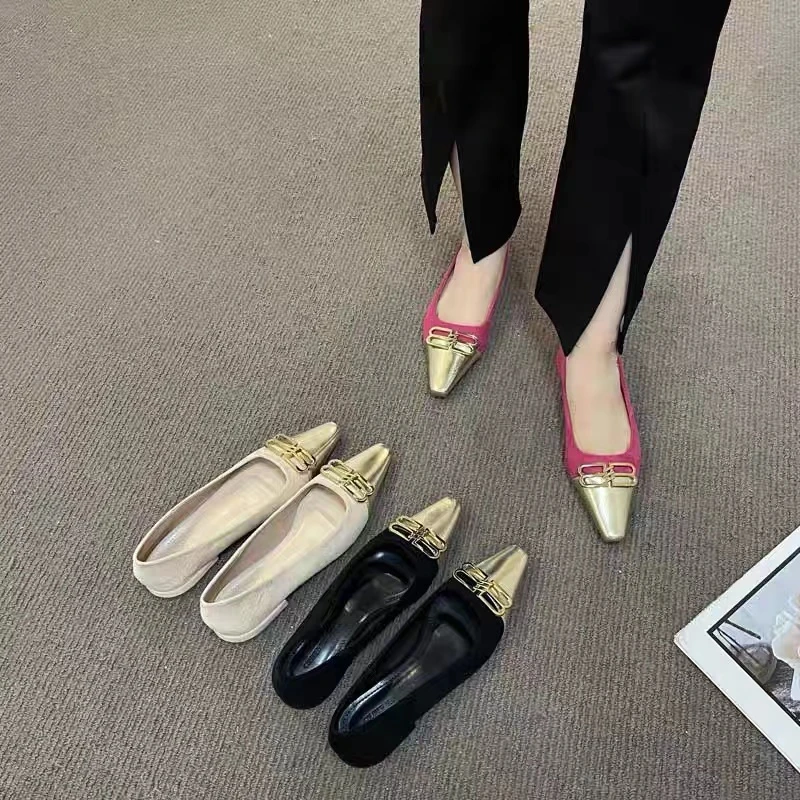 2-209气质时尚平底百搭尖头浅口低跟小香风单鞋法式春夏粗跟