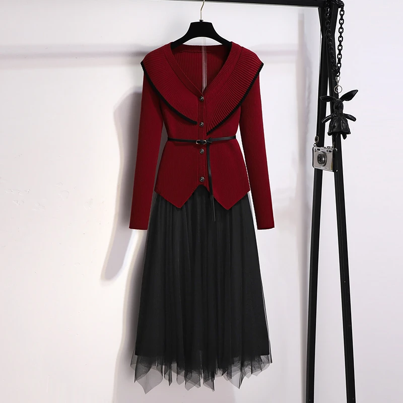 红色小香风针织连衣裙两件套秋冬季女装2024新款国庆参加婚礼穿搭