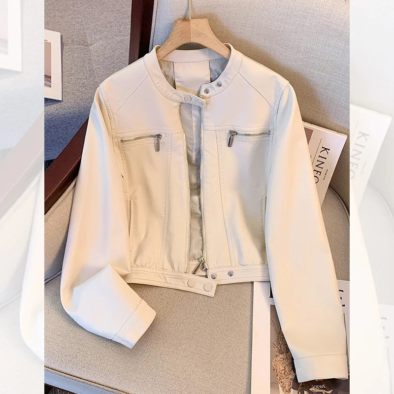 白色pu皮衣外套女高级感2024新款春秋爆款小个子修身短款机车夹克