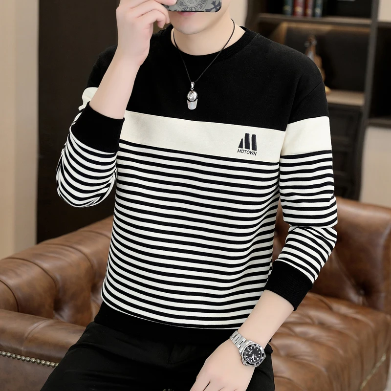 韩版圆领卫衣男士条纹春秋款青年潮牌长袖打底衫百搭休闲上衣服