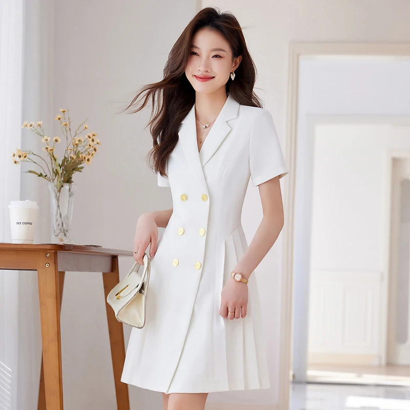 黑色西装连衣裙女夏季2024新款高级修身气质前台工装美容院工作服