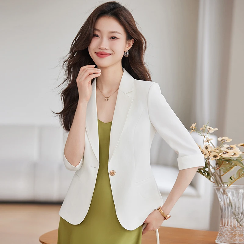 绚姿萱粉色西装外套女2025新款夏季薄款七分袖上衣休闲小西服修身