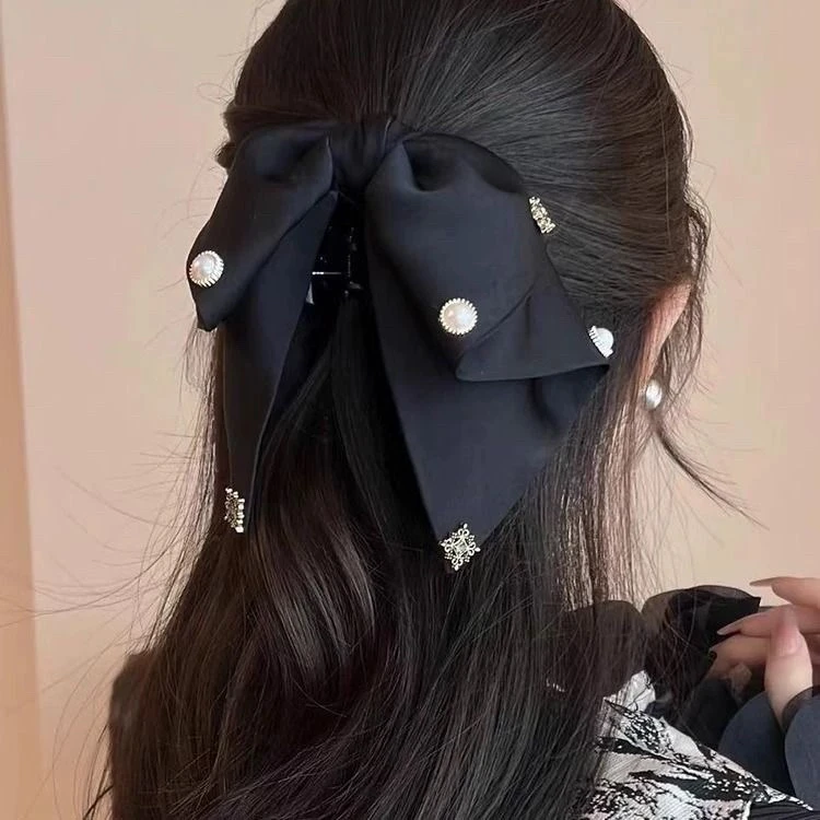 赫本黑色缎面蝴蝶结抓夹高级感气质优雅低马尾夹发夹夹子头饰2047